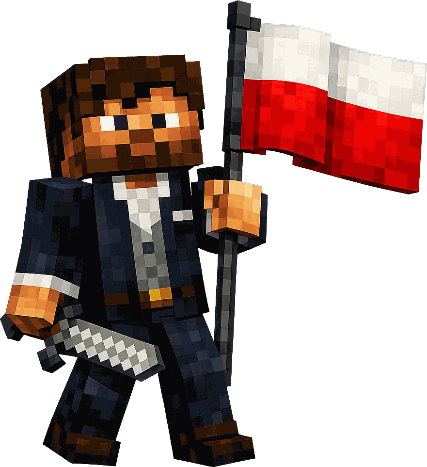 Postać z Minecrafta w garniturze, z mieczem u pasa, trzymająca polską flagę
