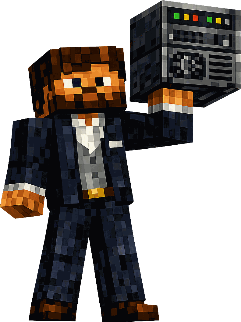 Postać z Minecrafta trzymająca blok serwera